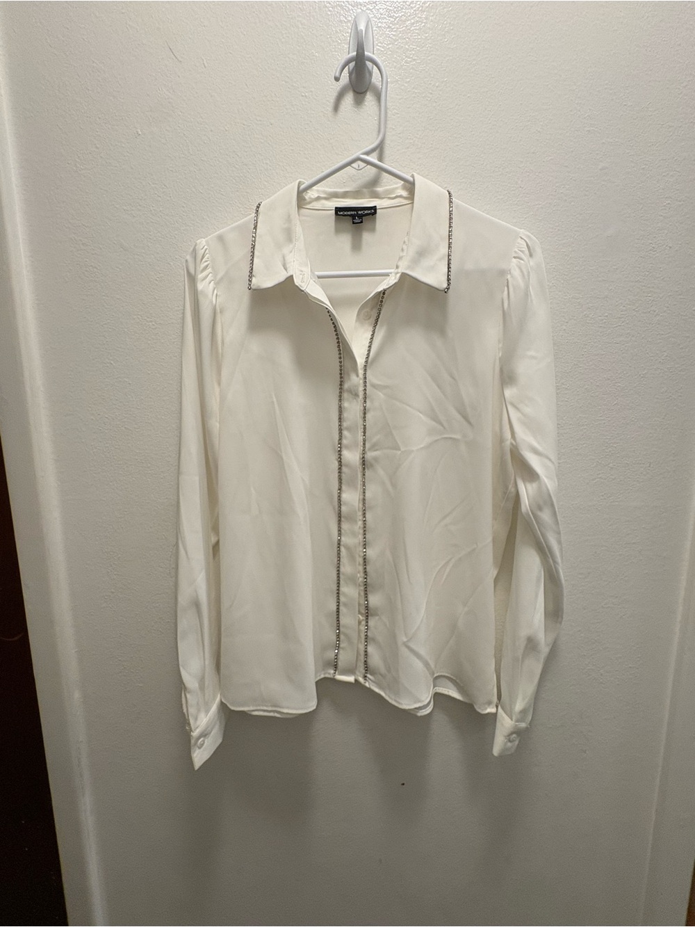 Chiffon Button-Front Blouse with Beaded Trim - White